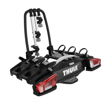 Thule three-bike towbar rack with secure frame holders and LED lighting.