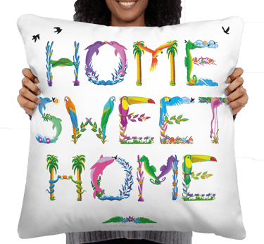 A throw pillow with the words Home Sweet Home printed on in tropical exotic wordart