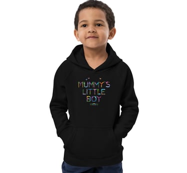 A childs hoodie with the words Mummys Little Boy printed on in tropical exotic wordart