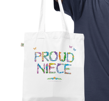 A white tote bag with the words Proud Niece printed on in tropical exotic wordart