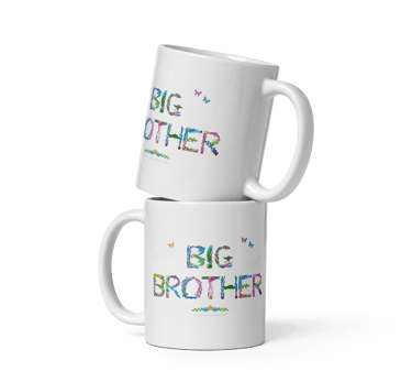 Ceramic mugs with the words Big Brother printed on in tropical exotic wordart
