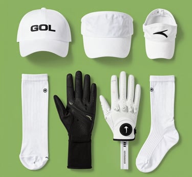 A stylish golf cap and gloves laid out on fresh green grass under sunlight.