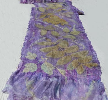 Hand-dyed purple botanical print silk scarf with  leaf patterns 
