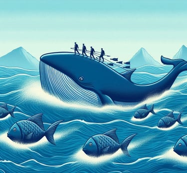 investors standing on the back of a whale, taking on small fish investors