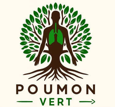 Logo Poumon Vert : silhouette humaine dans un arbre et poumons verts, symbole de nature et santé.