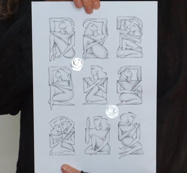 Minimalist pencil sketches of female figures in geometric poses on white paper held by an artist.
