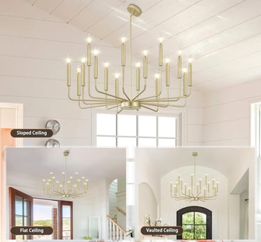 Modern 18-light gold candle chandelier for sloped, flat, and vaulted ceilings.