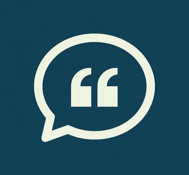 White speech bubble icon with quotation marks on a dark blue background representing quotes and testimonials.