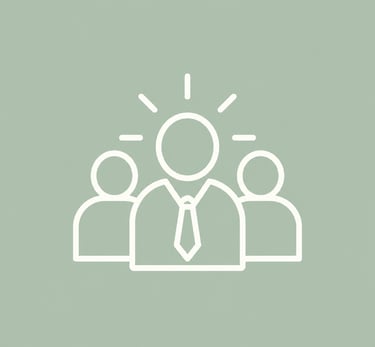 White line icon of a business leadership team with a glowing mentor figure on a sage green background.