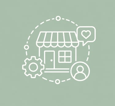 White line icon showing small business shop management with customer profile and gear icons.