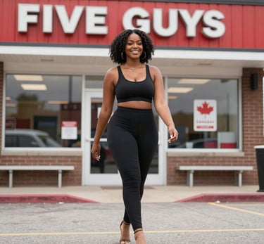 A stylish Black woman crossing a busy intersection with modern buildings and autumn leaves around her.