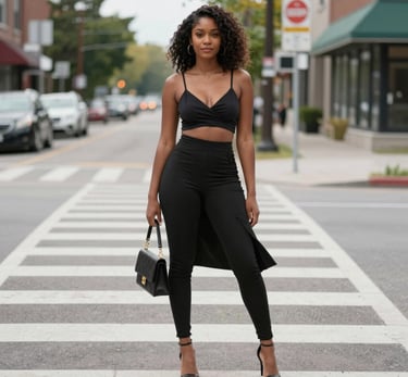 A vibrant portrait of a Black woman confidently walking down a bustling street in Mississauga, Canada, with colorful urban murals in the background.