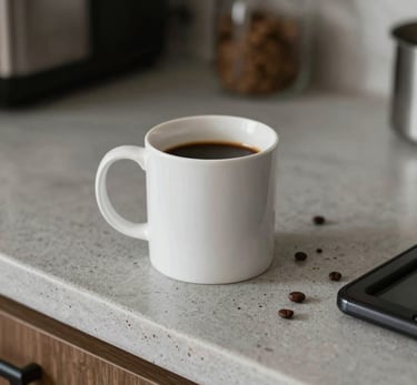 A mom relaxing with a cup of tea and a laptop, surrounded by kids’ toys and books.