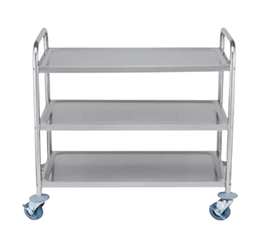 A 3-tier stainless steel trolley with handles and castor wheels on a white background.