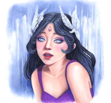 Pastellporträt, das eine junge Frau mit einem lila Kleid und Federn auf ihrem Kopf darstellt.