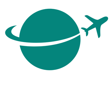 Icon of a green plane, dashing across and slicing a green circle representing the Earth.