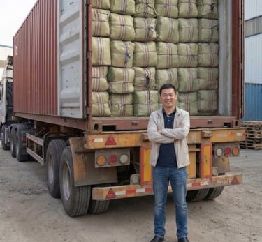 international business partner standing behind a container of dried Gracilaria seaweed, Indonesia