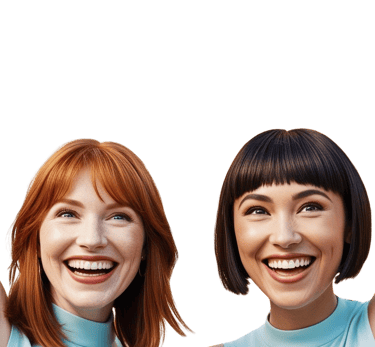 two women with red hair and blue dress