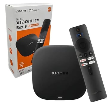 Xiaomi TV Box S 3nd Gen 4K Ultra HD streaming media player with remote and retail packaging.