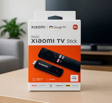Xiaomi TV Stick 4K 2ND GEN package with remote and streaming dongle on a wooden table.