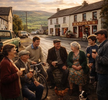 Local community gathering for drinks outside a traditional Irish pub in a scenic rural village.