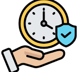 A flat icon showing a hand holding a clock with a blue security shield and checkmark.