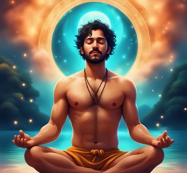 a man sitting in a meditation position with a full body of water