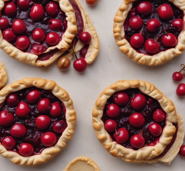 A vibrant mini cherry pie topped with fresh cherries.