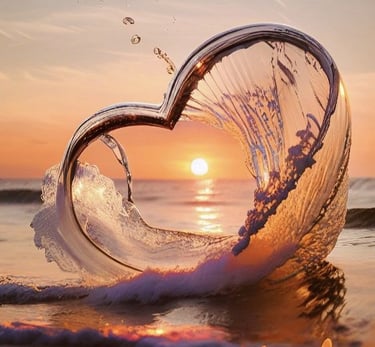 graphic showing water sprinkled in a way that it looks like a heart with the sunset in the background