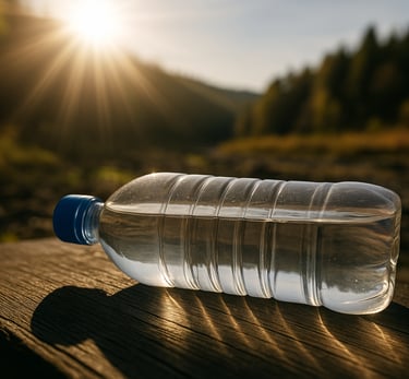 Plastic water bottle lit by sun resting on wooden log outdoors