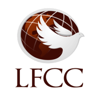 The logo of Living Faith Community Church, a dove holding the world
