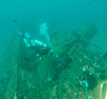 A scuba diver explores a rusted shipwreck on the ocean floor surrounded by marine life.