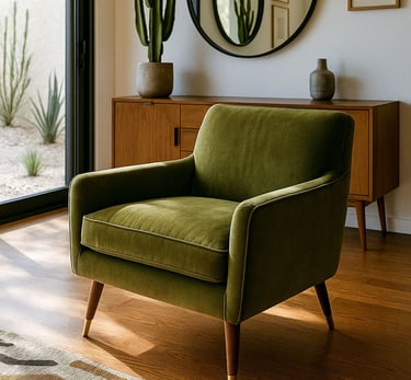 Olive green Mid-Century Modern chair with wood legs and styled rug