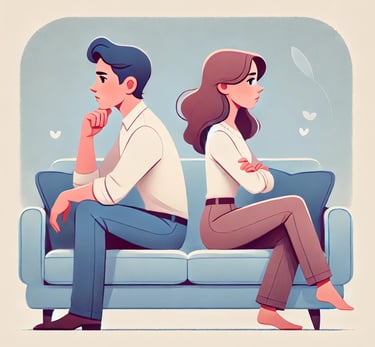 Cartoonstyle illustration of a thoughtful heterosexual couple sitting back-to-back on a couch, representing intimacy struggle