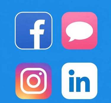 Social media icons for Facebook, Instagram, LinkedIn, and a chat bubble on a blue background.