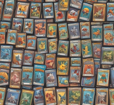 Close-up of colorful collectible cards spread out on a wooden table.
