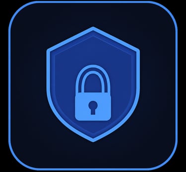 A blue glowing cyber security icon featuring a padlock inside a shield for data protection.