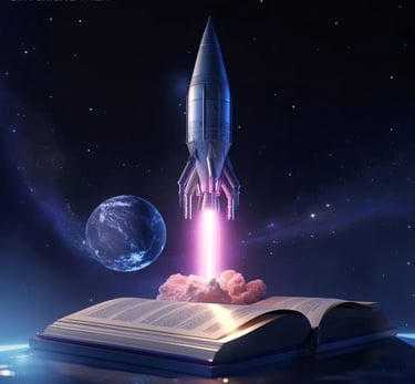 a book with a rocket ship in the background