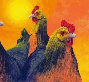 Painting showcasing three chickens standing in front of a sunset