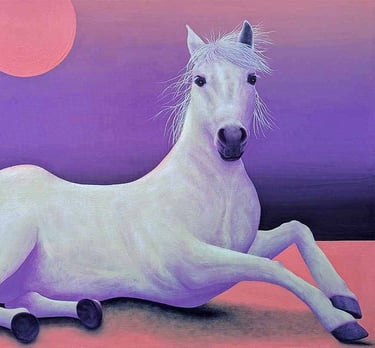 Acrylic painting of white horse sitting down