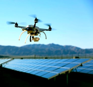 a drone flying over a solar paneled roof
