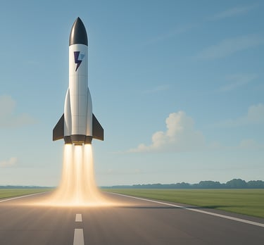 A rocket with the Hally logo taking off serenely