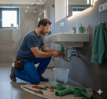 Professional plumber in uniform repairing a leaking sink pipe in a modern bathroom.