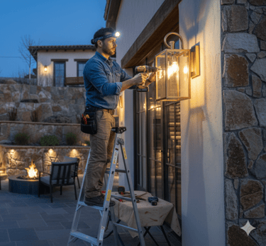 Electrician installing a modern outdoor wall lantern on a stone house at night using a ladder.
