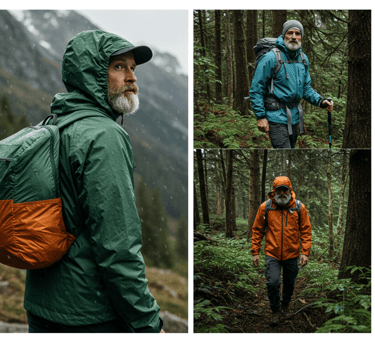 travelers hiking mountain trails and walking the city with waterproof jacket