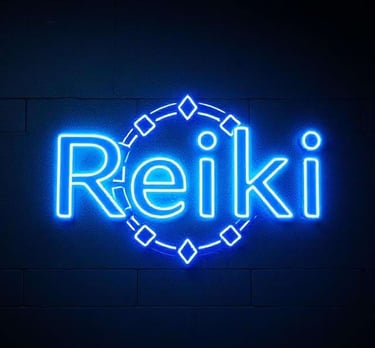a neon blue neon sign with the word reiki