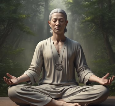 A hand holds a large, golden singing bowl, with another hand gently holding a mallet over the bowl's rim. The background is a soft, muted green, creating a calm atmosphere.
