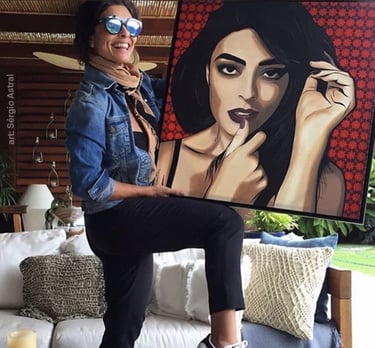 Uma pintura vibrante no estilo Pop-Art de um retrato, com cores intensas e contornos marcantes.
