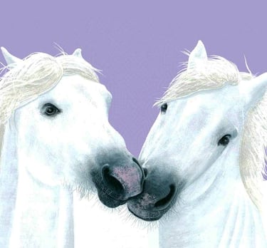 Acrylic painting of two white horses