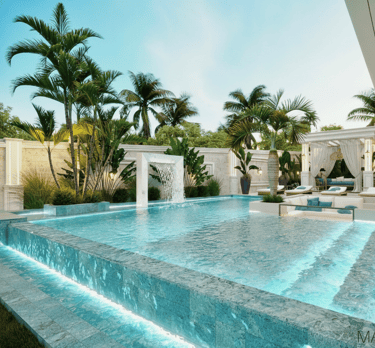Luxury modern swimming pool with a waterfall feature, palm trees, and poolside lounge area.